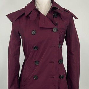 Burberry Brit Women's Double Breasted Burgundy Hooded Trench Coat US Size SZ 2